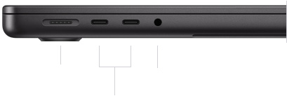 صورة للجهة اليسرى من جهاز MacBook Pro مقاس 14 إنش بشريحة M4 وهو مغلق، تعرض منفذ MagSafe 3 مع 2 من منافذ ثندربولت 4 ومقبس سماعات الرأس