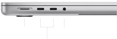 صورة للجهة اليسرى من جهاز MacBook Pro مقاس 14 إنش بشريحة M4 Pro أو M4 Max وهو مغلق، تعرض منفذ MagSafe 3 مع 2 من منافذ ثندربولت 5 ومقبس سماعات الرأس