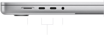 صورة للجهة اليسرى من جهاز MacBook Pro مقاس 16 إنش وهو مغلق، تعرض منفذ MagSafe 3 مع 2 من منافذ ثندربولت 5‏ ومقبس سماعات الرأس