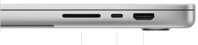 صورة للجهة اليمنى من جهاز MacBook Pro مقاس 16 إنش وهو مغلق، تعرض فتحة بطاقة SDXC مع منفذ ثندربولت 5 واحد ومنفذ HDMI‏