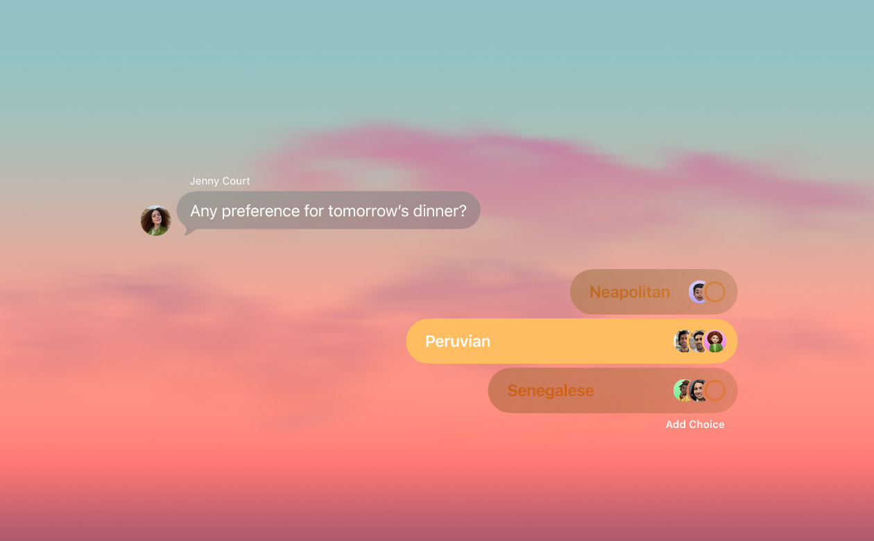 Polls and backgrounds features in Messages with people in the group chat voting on what to have for dinner