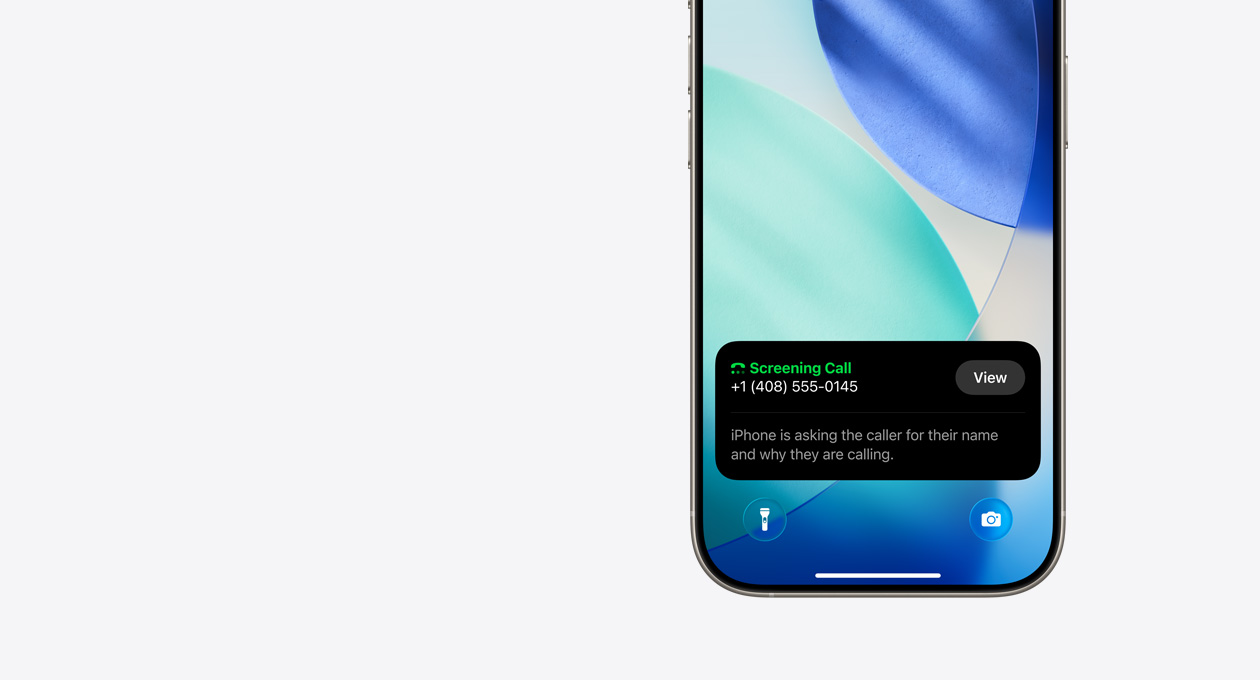 iPhone, bottom section of Lock Screen, showing a Screening Call notification, with text reading, “iPhone is asking the caller for their name and why they are calling”