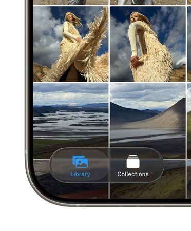 iPhone, bottom left of screen showing Photos app tile displaying Library and Collections tabs within the new Liquid Glass design