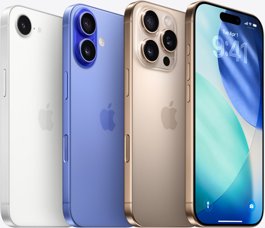 The camera-side of iPhone 16e in White, iPhone 16 in Ultramarine, and iPhone 16 Pro in Desert Titanium in layered pattern, and lock screen of a iPhone 16 Pro in Desert Titanium