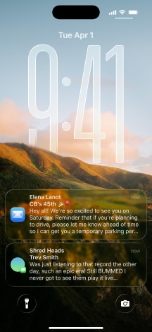 iPhone, five models, each model slightly overlapping the one next to it, far left screen shows a conversation with a background in Messages, second to the left screen shows Home Screen with colorful app icons, center model shows Lock Screen with photo, numerals for time in Liquid Glass, two notifications appear on bottom of screen, second to the right model shows clear Liquid Glass app icons, far right model shows music player in Liquid Glass