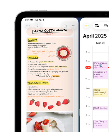 iPad, landscape orientation, top left screen shows Notes app and Calendar, arranged side-by-side, as example of window tiling