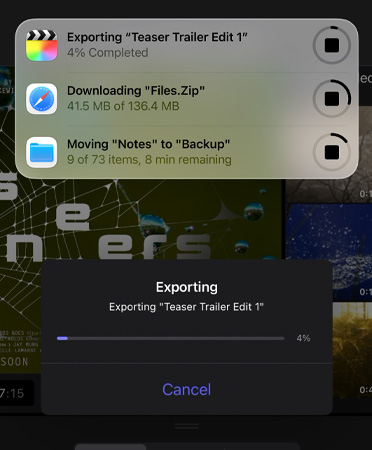 A list of Live Activities in progress and running simultaneously, list includes exporting a trailer, downloading large files, and moving “Notes” to “Backup”