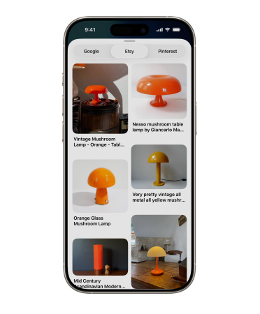 iPhone showing a grid of images featuring different mushroom lamps from Etsy, alongside are Google and Pinterest tabs