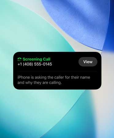 iPhone app widget showcasing screening feature on an incoming call, a mountain range photo set in the background
