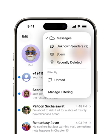 iPhone, top two-thirds showing Messages app with new screening tools feature that now filters unknown numbers into a section called Unknown Senders