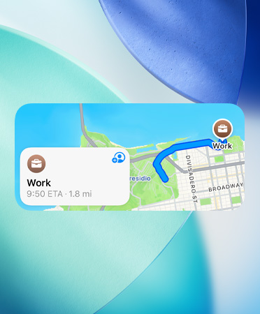 Maps widget showing new preferred routes trip planner, with traffic details, arrival time, and duration of trip