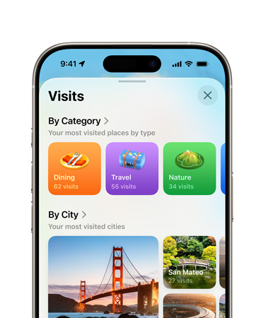 iPhone, top half only, screen shows the visited places feature in the Maps app, including Categories and Cities