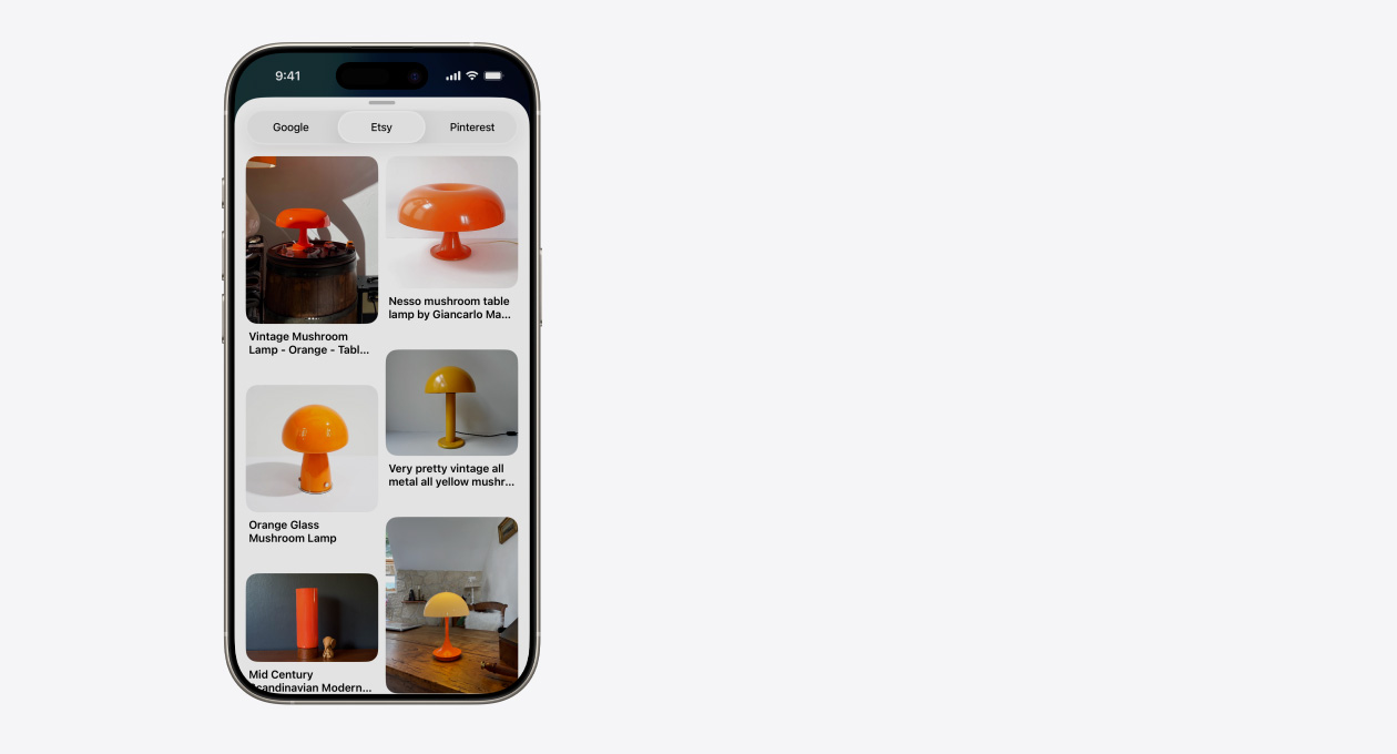 iPhone showing a grid of images featuring different mushroom lamps from Etsy, alongside are Google and Pinterest tabs