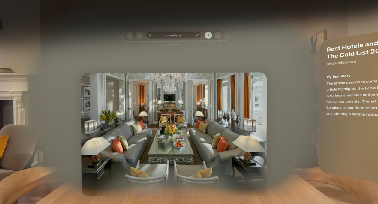 Safari web page featuring inline spatial scene of living room with long deep hallways in background