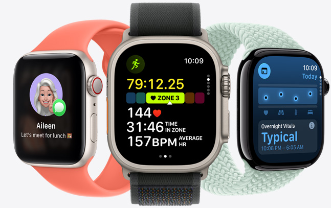 Three Apple Watch models, center in Natural color with Black band, face shows run in progress with heartrate stats, right in Jet Black with Aquamarine band, face shows Genmoji and a Message, left in Starlight with Tangerine band, face shows Overnight Vitals
