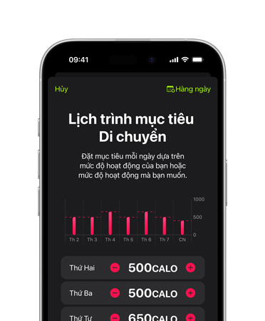 Mặt trước của iPhone 16, giao diện người dùng hiển thị Lịch Trình Mục Tiêu Di Chuyển