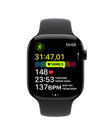 Apple Watch Series 10, Dây Đeo Thể Thao Màu Đen, mặt trước, giao diện người dùng hiển thị nội dung Bài Tập, Chạy Bộ Ngoài Trời, Vùng Nhịp Tim