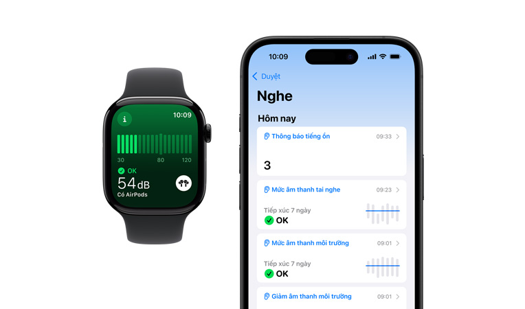 Apple Watch Series 10, Dây Đeo Thể Thao màu đen, giao diện người dùng hiển thị số đo tiếng ồn, bên cạnh là iPhone 16, giao diện người dùng hiển thị nội dung Thính Giác, mức Âm Thanh Môi Trường, và Môi Trường