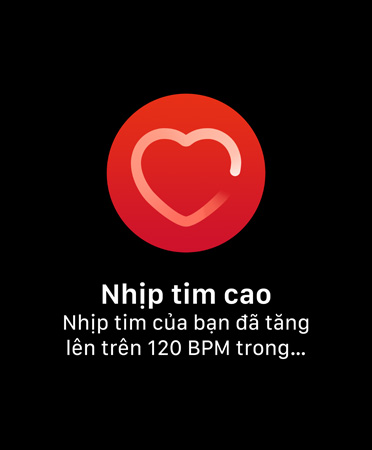 Giao diện người dùng của Thông Báo Nhịp Tim Cao có nội dung: 'Nhịp Tim Cao Nhịp tim của bạn đã tăng lên trên 120 BPM trong khi bạn dường như không hoạt động trong 10 phút, bắt đầu từ lúc 9:59'