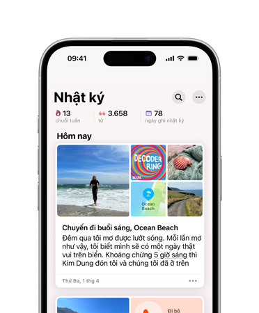 Mặt trước của iPhone 16, màn hình hiển thị Nhật Ký