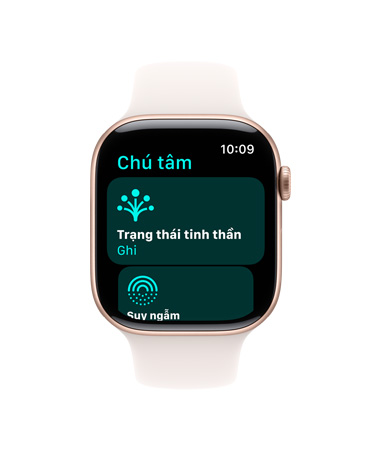 Apple Watch Series 10, Dây Đeo Thể Thao màu trắng, mặt trước, giao diện người dùng hiển thị nội dung Chú Tâm, Trạng Thái Tinh Thần, Bản Ghi