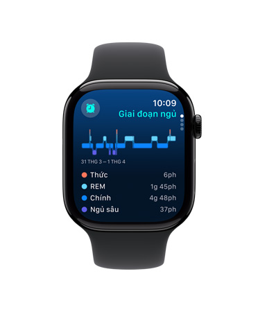 Mặt trước của Apple Watch Series 10, Dây Đeo Thể Thao màu đen, giao diện người dùng hiển thị nội dung Ngủ, Các Giai Đoạn Ngủ, Phân Tích và Thời Gian Ngủ
