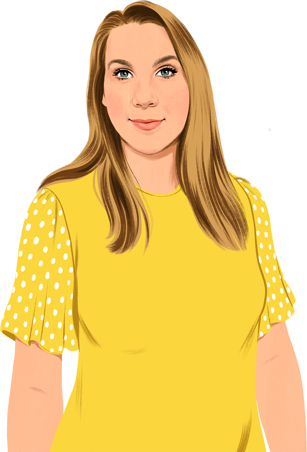 Retrato ilustrado da Jennifer a sorrir e a olhar para o leitor; surgem folhas verdes ilustradas.