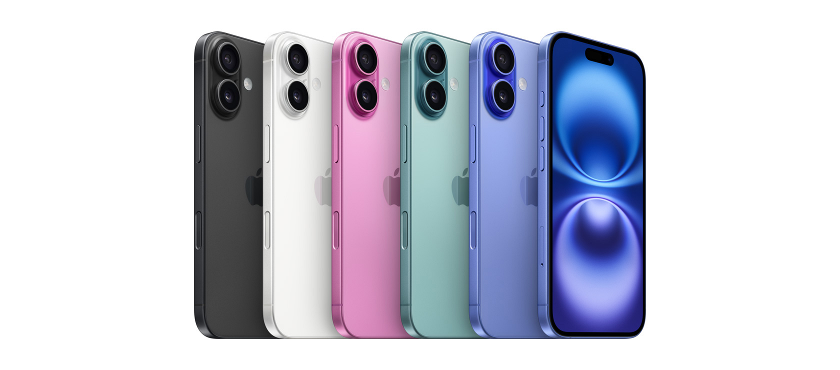 블랙, 화이트, 핑크, 틸, 울트라마린의 다섯 가지 마감을 모두 볼 수 있는 iPhone 16의 뒷면과 울트라마린 마감을 볼 수 있는 iPhone 16의 앞면