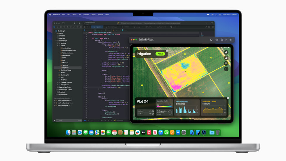 M3 çipe sahip yeni MacBook Pro, Xcode iş akışıyla gösteriliyor.