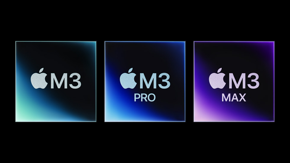 M3, M3 Pro ve M3 Max çipleri temsil eden üç kareden oluşan bir grafik.