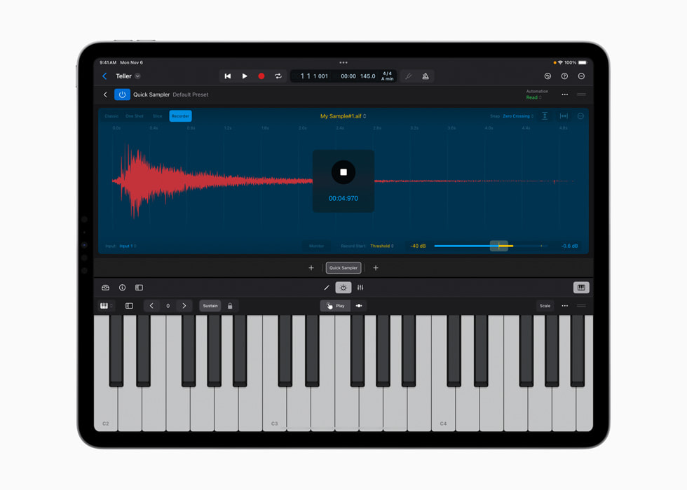 iPad’de Quick Sampler Recorder modu gösteriliyor.