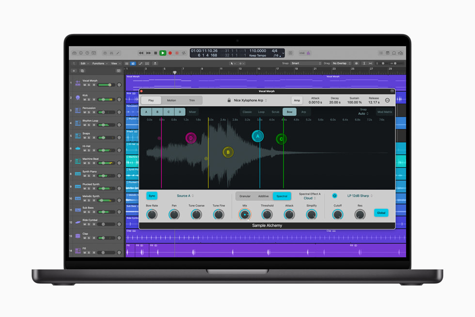 MacBook için Logic Pro’da Sample Alchemy gösteriliyor.