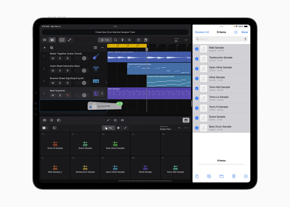 Bir kullanıcı dosyaları sürükleyerek iPad için Logic Pro’ya taşıyor.