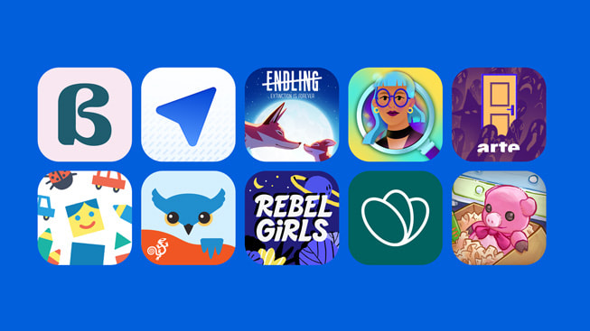 Baris atas, kiri ke kanan: logo aplikasi Balance, Copilot, Endling, Finding Hannah, dan How to Say Goodbye. Baris bawah, kiri ke kanan: logo aplikasi Pok Pok, Proloquo, Rebel Girls, Too Good To Go, dan Unpacking.