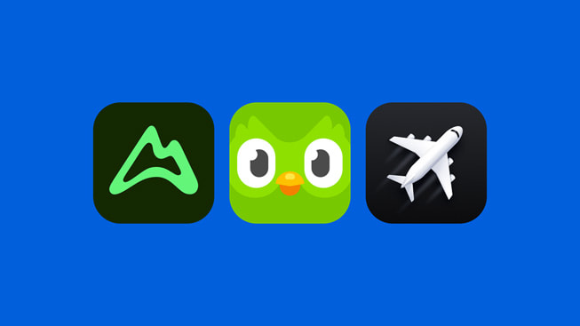 Logo aplikasi AllTrails, Duolingo, dan Flighty.
