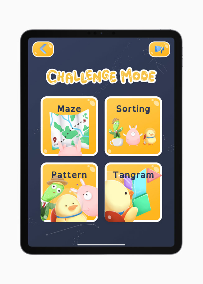 Et skjermbilde fra WonderJack-spillet for iPad med teksten «Challenge Mode» og fire knapper – labyrint, sortering, mønster og puslespill.