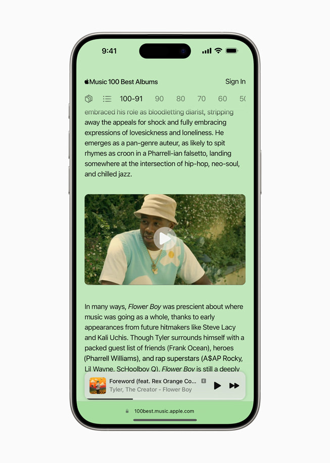 베스트 100 마이크로사이트에서 본 99위 앨범, 이글스의 "Hotel California"를 보여주는 iPhone 15 Pro.