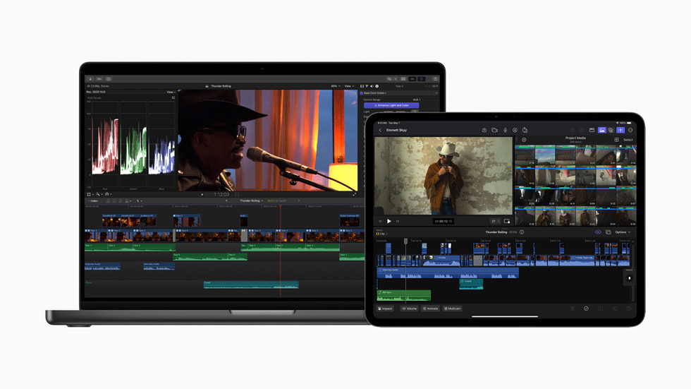 Final Cut Pro for iPad 2 معروض على جهاز iPad Pro مقاس 13 إنش باللون الأسود الفلكي، وFinal Cut Pro for Mac 10.8 معروض على جهاز MacBook Pro مقاس 16 إنش باللون الأسود الفلكي.