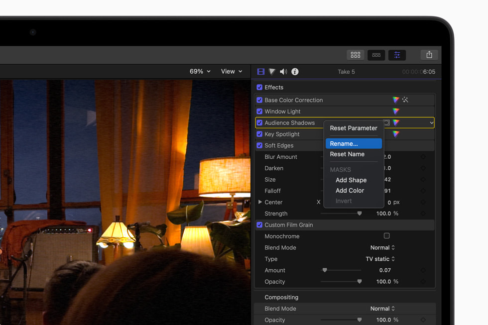 أسماء مخصصة لأداة الفاحص في Final Cut Pro for Mac 10.8‏ معروضة على جهاز MacBook Pro مقاس 16 إنش باللون الأسود الفلكي.