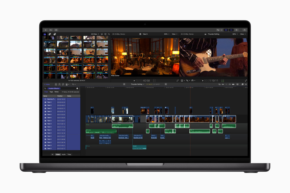 فهرس الشريط الزمني في Final Cut Pro for Mac 10.8‏ معروض على جهاز MacBook Pro مقاس 16 إنش باللون الأسود الفلكي.