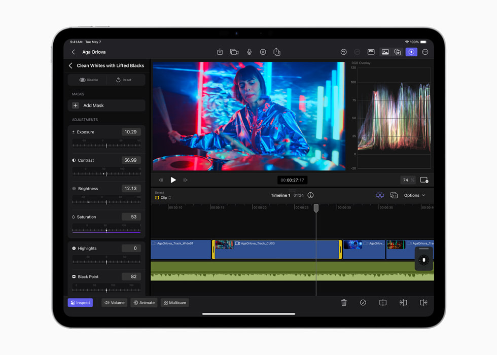 الإعدادات المسبقة لتدرجات الألوان في Final Cut Pro for iPad 2 معروضة على جهاز iPad Pro مقاس 13 إنش باللون الأسود الفلكي.