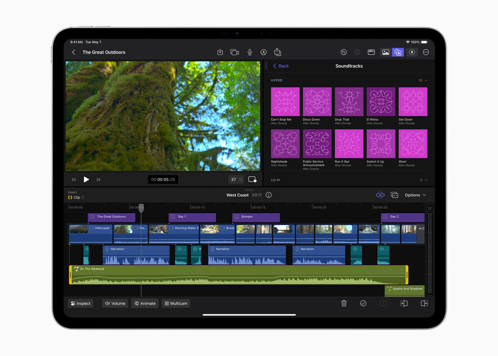 المسارات الصوتية في Final Cut Pro for iPad 2 معروضة على جهاز iPad Pro مقاس 13 إنش باللون الأسود الفلكي.