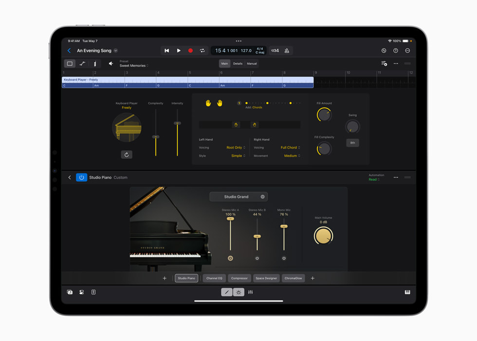 13 inç iPad Pro’da Keyboard Player ekranı gösteriliyor.