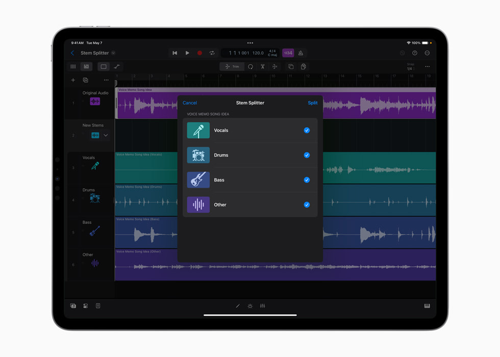 13 inç iPad Pro’da Stem Splitter ekranı gösteriliyor.