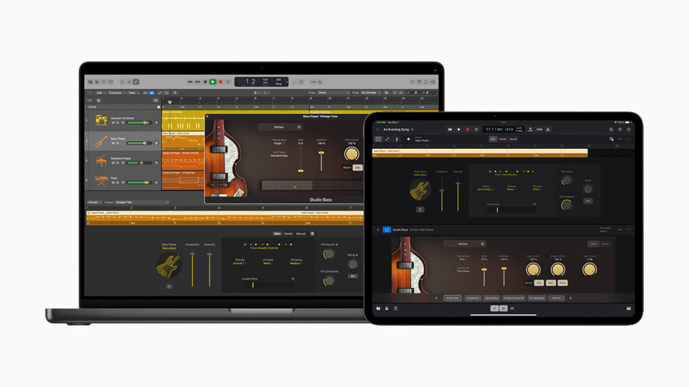 16 inç MacBook Pro ve 13 inç iPad Pro’da Logic Pro gösteriliyor.