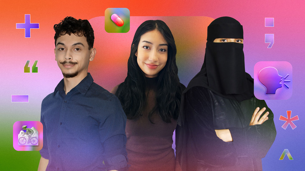 Un collage colorido con retratos de Dezmond Blair, Elena Galluzzo y Jawaher Shaman, ganadores del Swift Student Challenge.