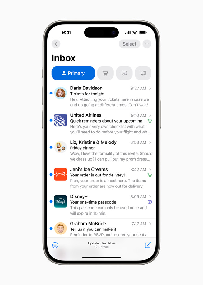 Kategorisering I Mail vises på en iPhone 15 Pro.