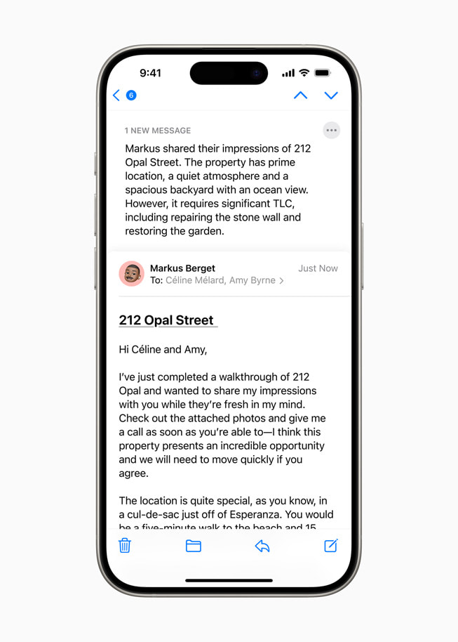 La previsualización del resumen de un email en un iPhone 15 Pro.