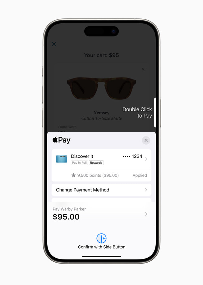 Warby Parker에서 보너스 포인트로 구매한 내역을 보여주는 iPhone 15 Pro.