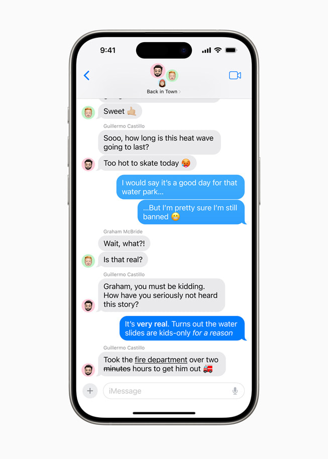 영어 단어 'bouncing' 부분에 텍스트 효과 '떨림'을 적용한 메시지 작성 모습을 보여주는 iPhone 15 Pro.